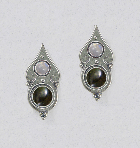 Sterling Silver Gothic Look Post Stud Earrings With Spectrolite And Rainbow Moonstone